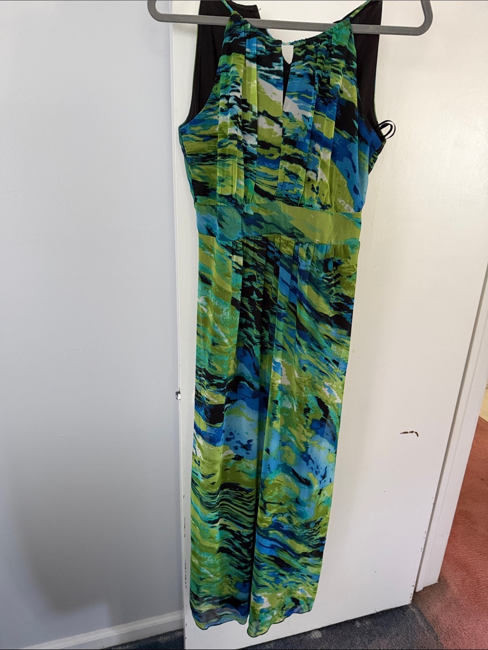 Sleeveless Green & Blue Printed Maxi Dress